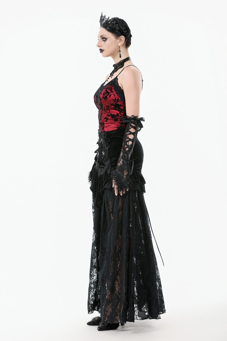 Gothic Velvet Long Skirt with Lace and Lace-Up, Black
