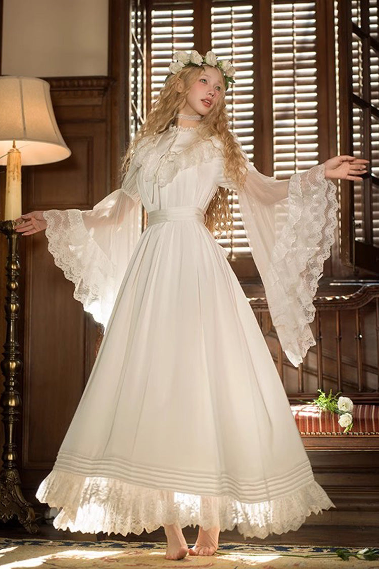White Long Trumpet Sleeve Lace Sweet Elegant Princess Dress