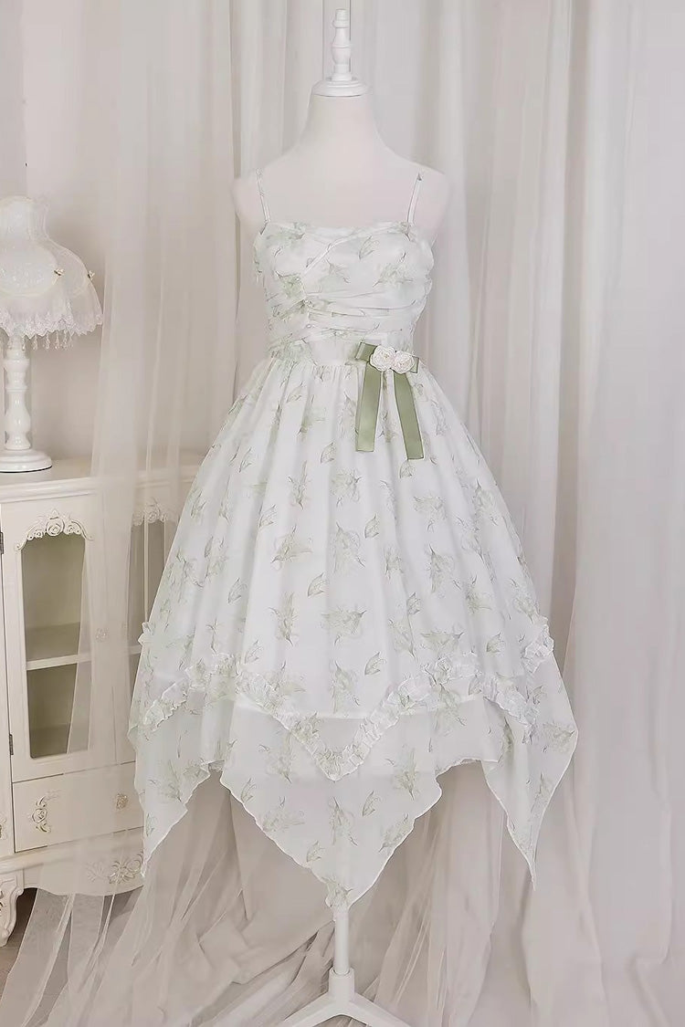 Spring Jacquard Print JSK Dress with Bowknot and Irregular Hem