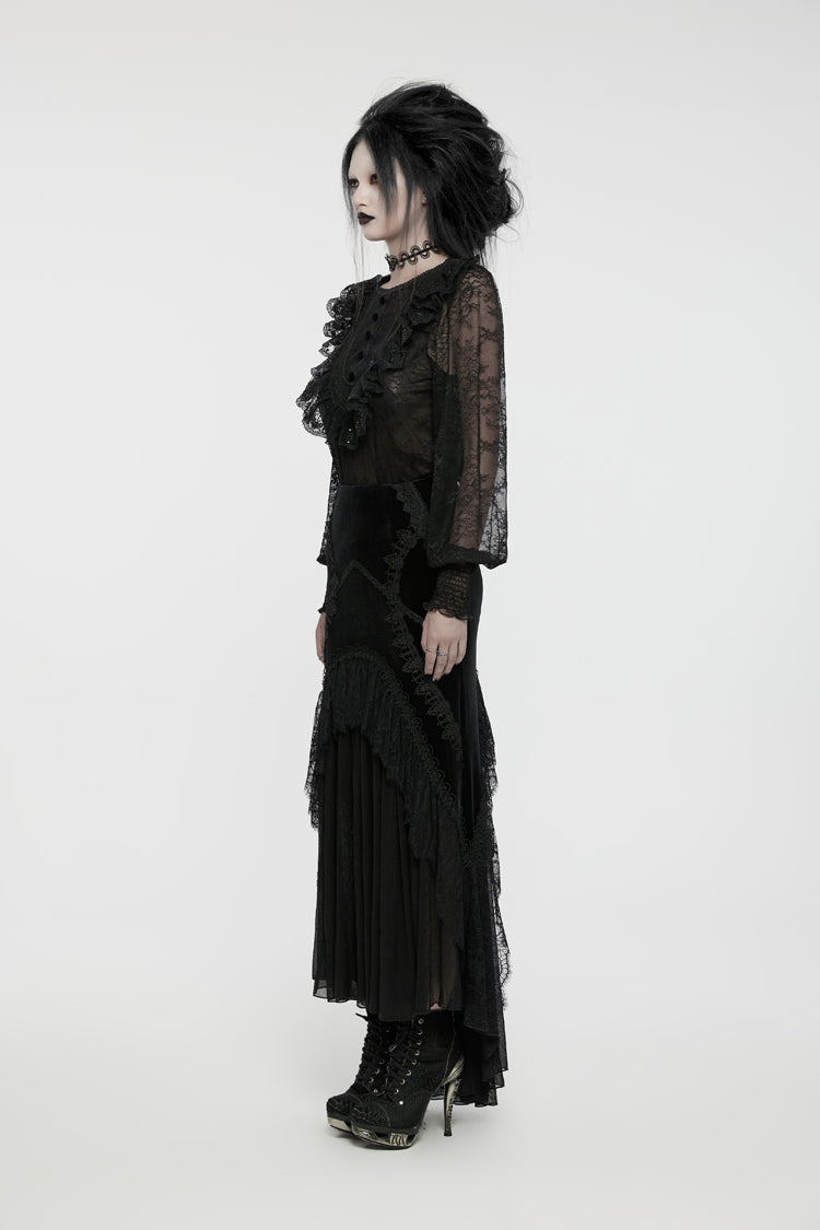 Noir Crewneck Lantern-Sleeve Ruffle Lace Gothic Blouse for Women