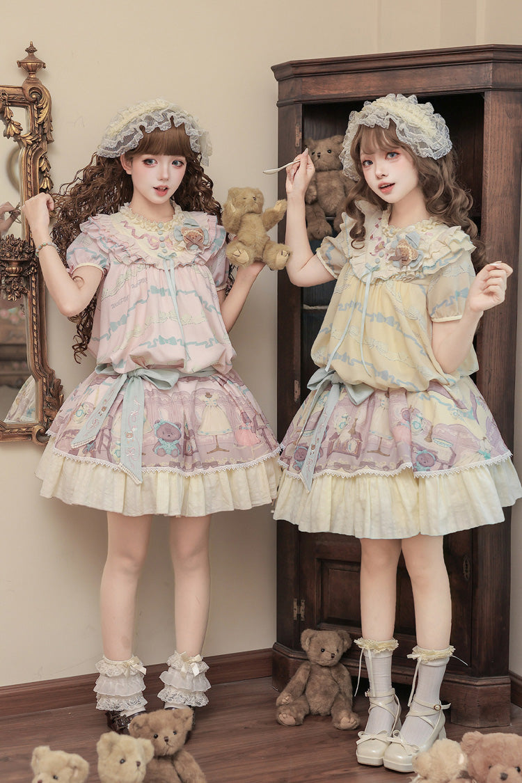 Brown Dollhouse Short Sleeves Bear Printed Ruffled Bow Sweet Lolita Dress Set - Yellow