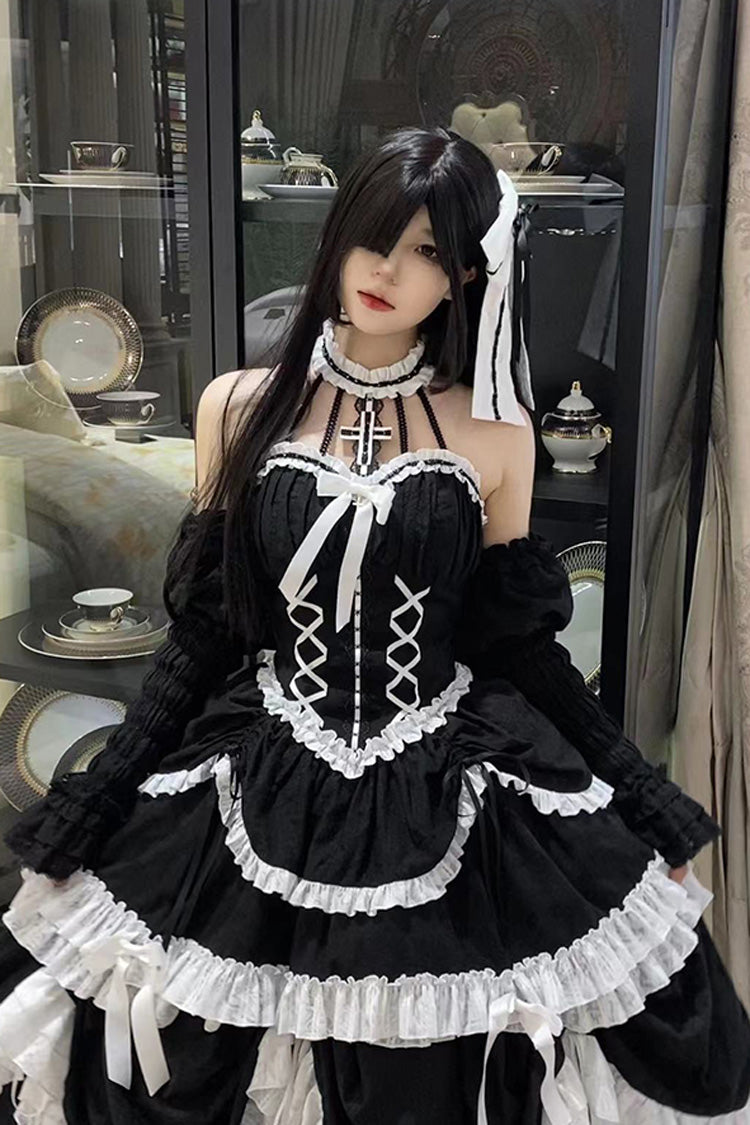 Black Cross Halterneck Lace-Up Gothic Lolita Dress - Princess Ruffled Bowknot