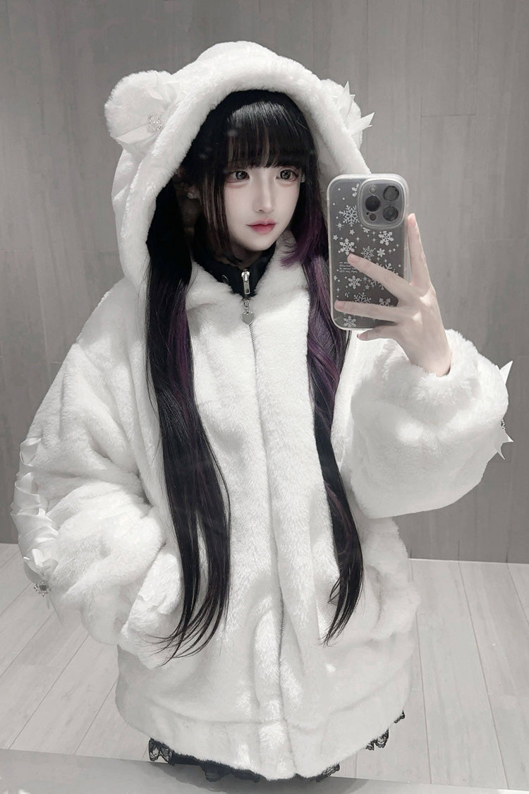 Sleepy Bear Fluffy Japanese Jirai Kei Coat with Bow and Lace-Up