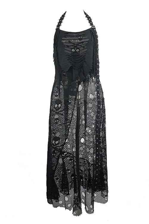 Broken Holes Mesh Peplum Halter Punk Dress