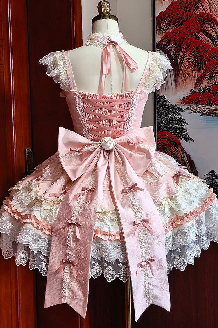 Pink Square Neck Ruffled Bow Lace Ballet Sweet JSK Dress - Rose Feather Romance