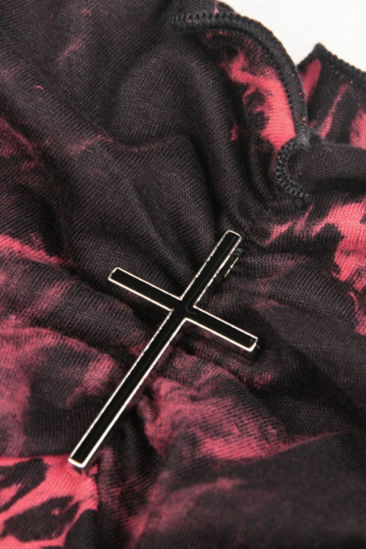 Crimson & Noir Tie-Dye Patchwork Punk Slip Dress with Irregular Hem