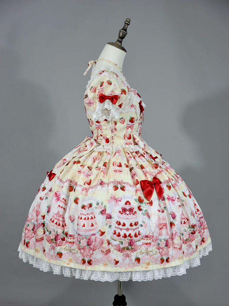 Yellow Full Lolita Set Print Strawberry Sweet Cake Accents Bow Dress /