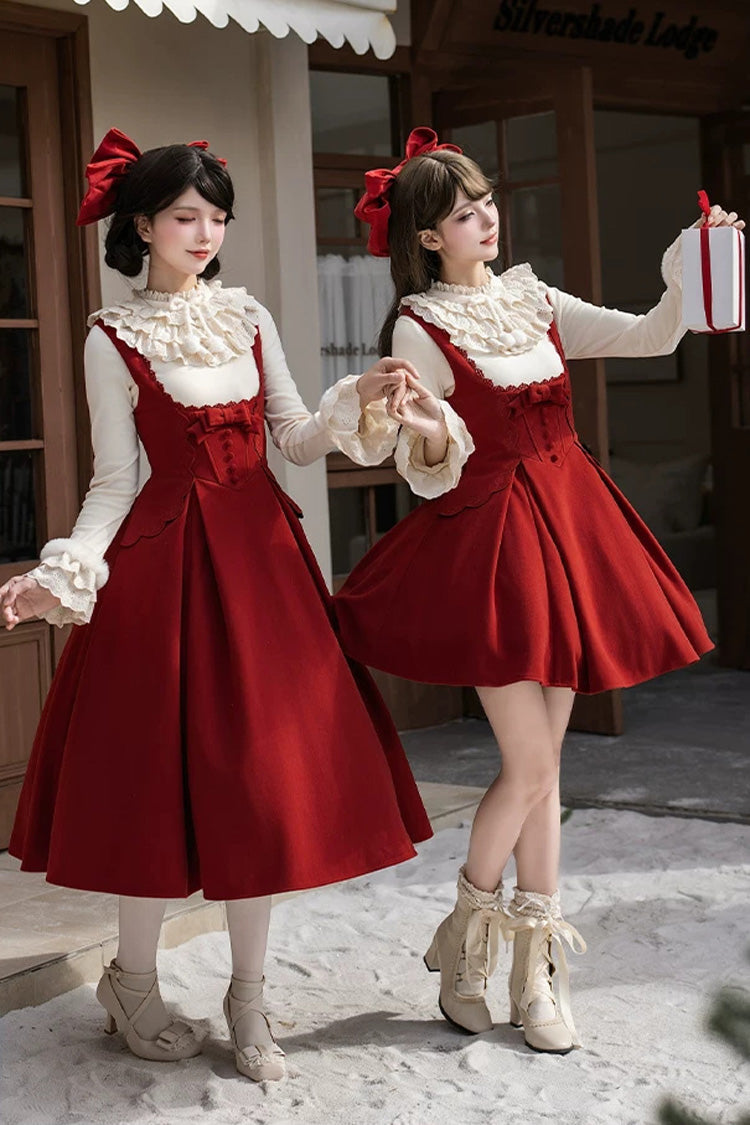 Classic Elegant Lolita Bandeau Dress with Embroidered Bow - Red