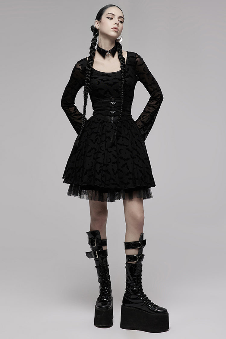 Minimalist Flared Sleeve Bat Moon Flocking Print Long Dress