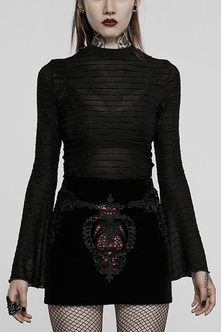 Gothic Velvet Tee with Striped Flared Sleeves, Asymmetric Hem