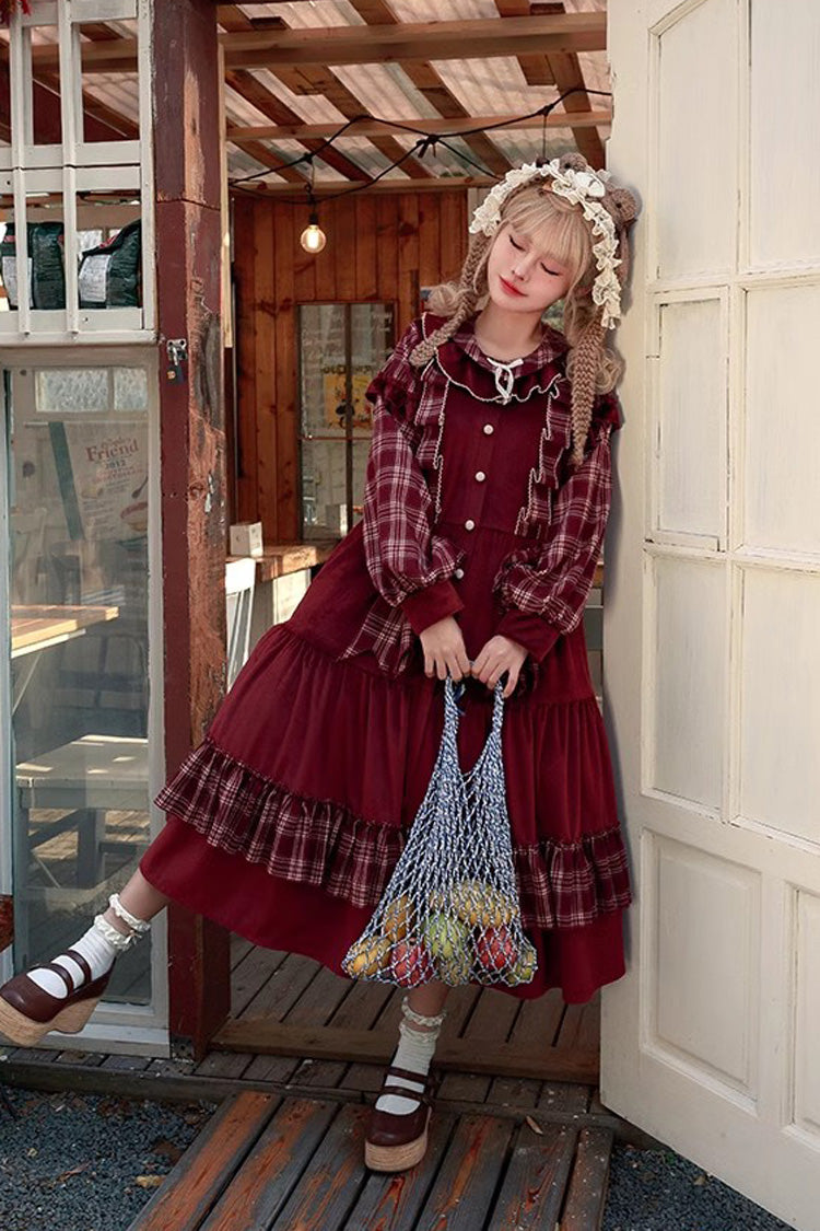 Red Velvet Plaid Printed Bow Christmas Sweet Lolita Dress