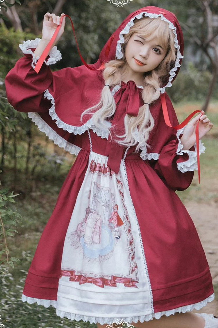 Little Red Riding Hood Red Sleeveless Print Ruffle Bowknot Sweet Princess JSK Dress