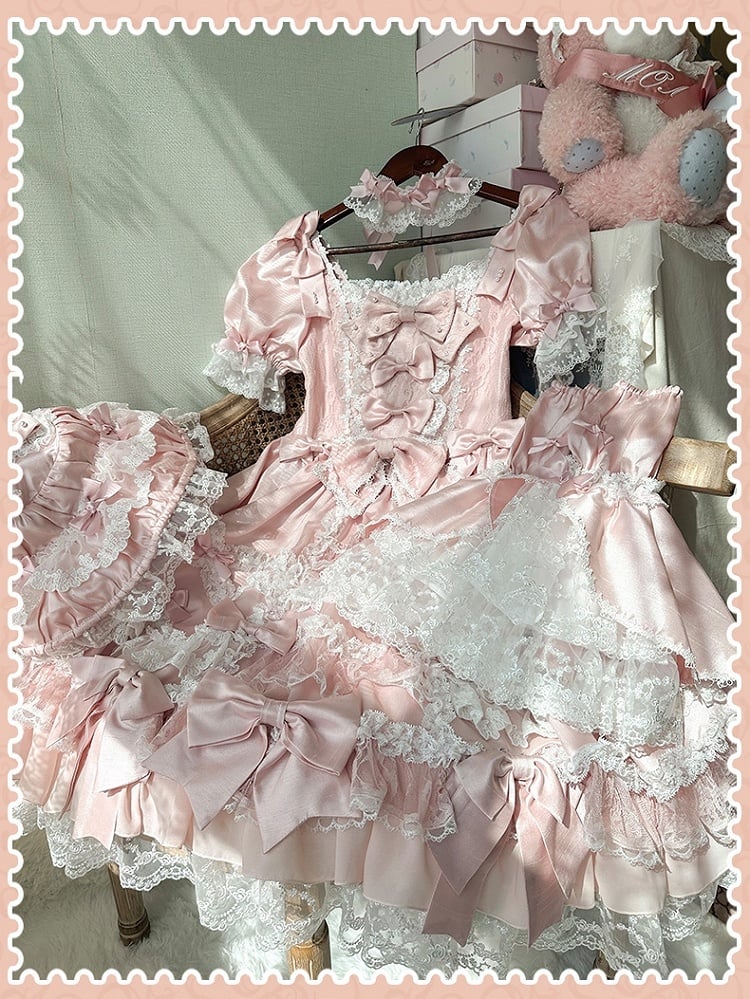 Lolita High Bow Pink Dress Sweet with Waist Accents Detachable Sleeves Princess