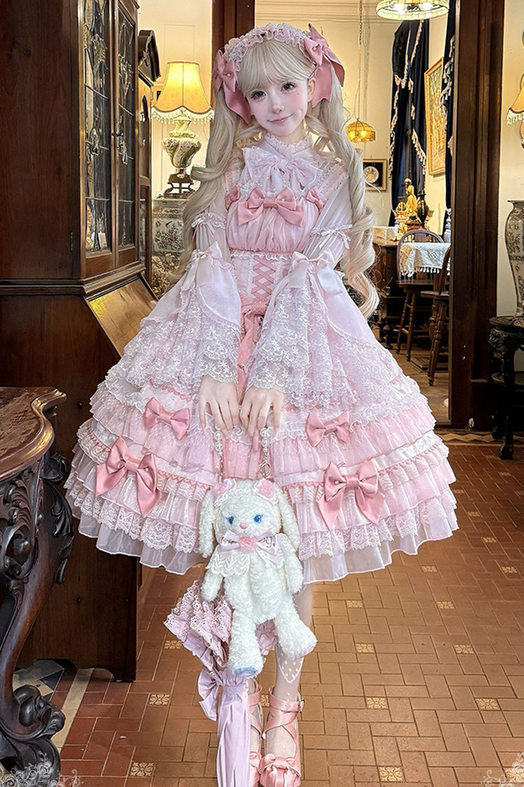 Pink Multi-Layered Ruffled Bow Lace Sweet Gorgeous JSK - Little Lovetine