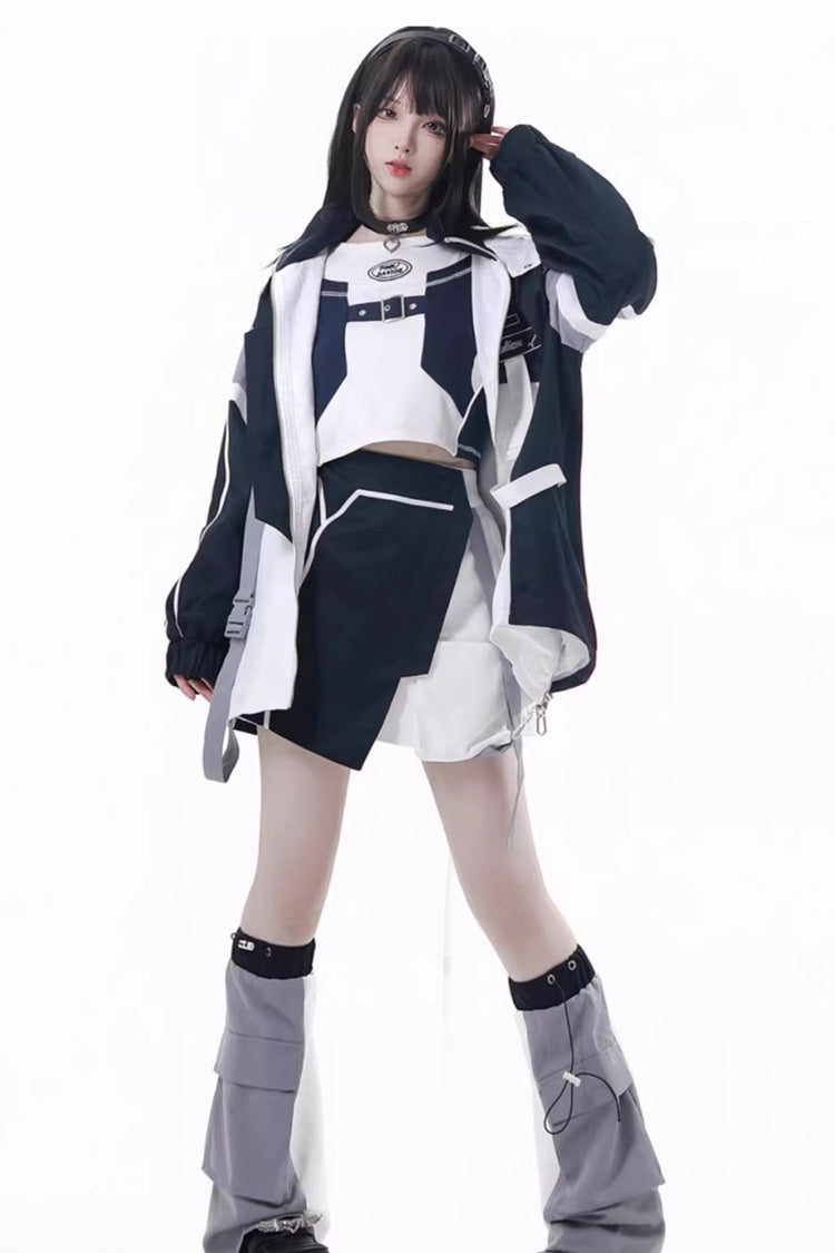 Blue/White Message Overload Techwear Long Sleeves Embroidered Asymmetric Jirai Kei Coat & Skirt Set