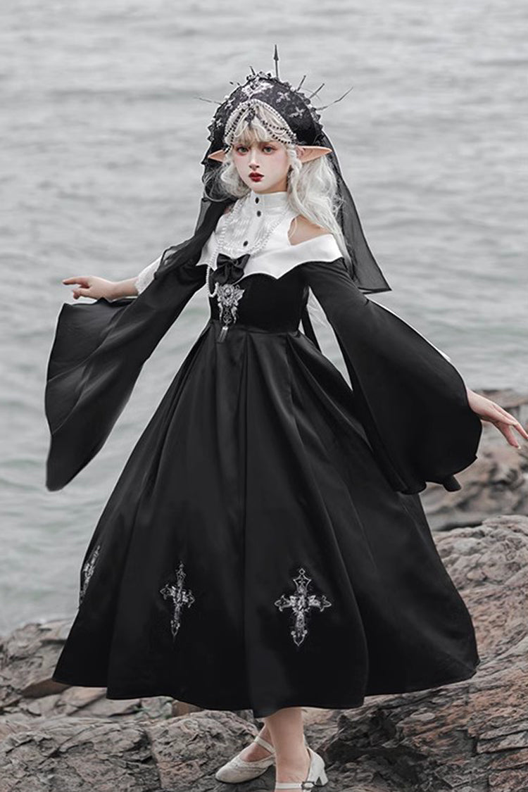 Onyx Stand Collar Off-Shoulder Printed Bow Gown - Cross Nun