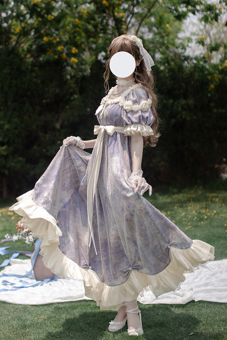 Violet Sun Moon Poem Short Sleeve Printed Bow Princess Lolita Dress