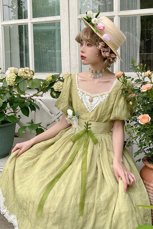 Green Square Collar Short Sleeve Multi-Layer Ruffled Classic Lolita OP Dress - Altfashion Shop