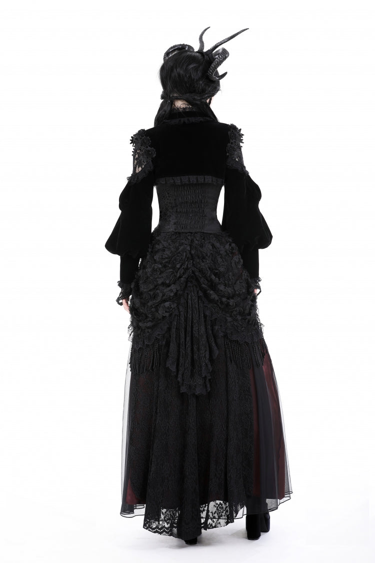 Jet-Black Gothic Cape with Velvet Panels and Lantern Sleeves