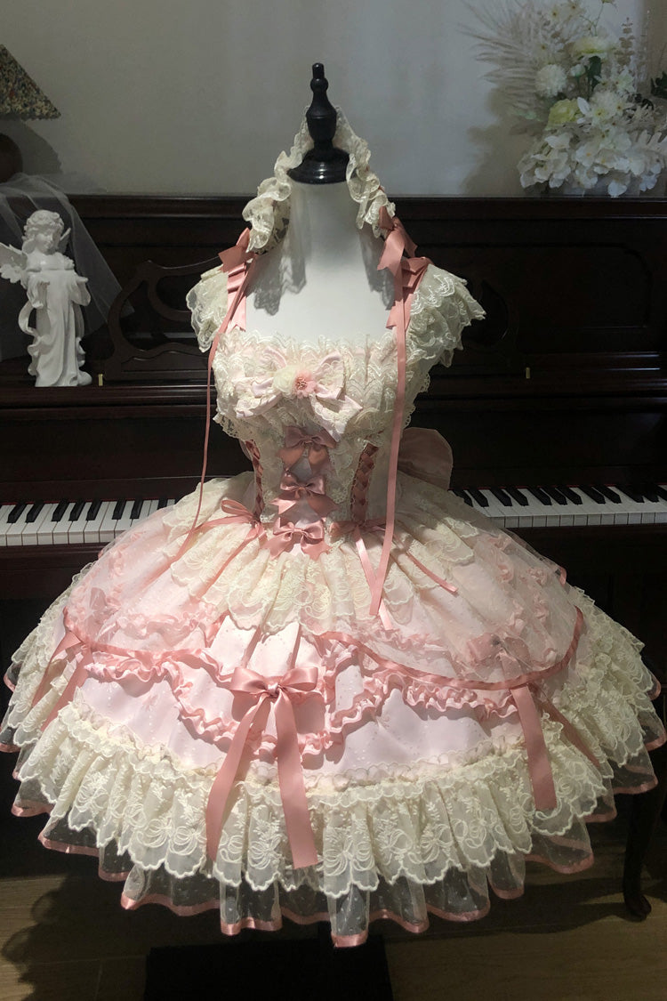 Dreaming Butterfly Pink Multi-Layered Jacquard Ruffle Bowknot Lace Sweet Princess JSK Dress