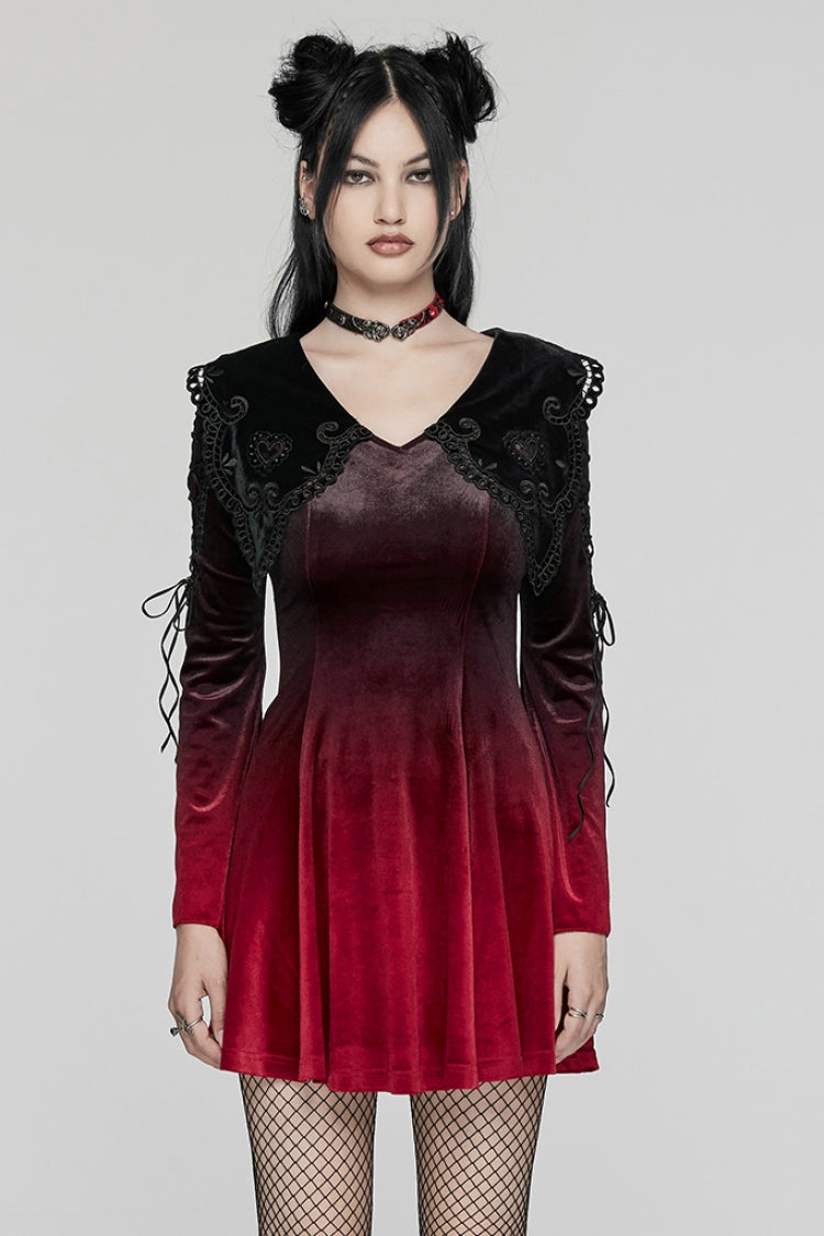 Scarlet & Black Gradient Embroidered Doll Collar Evening Gown