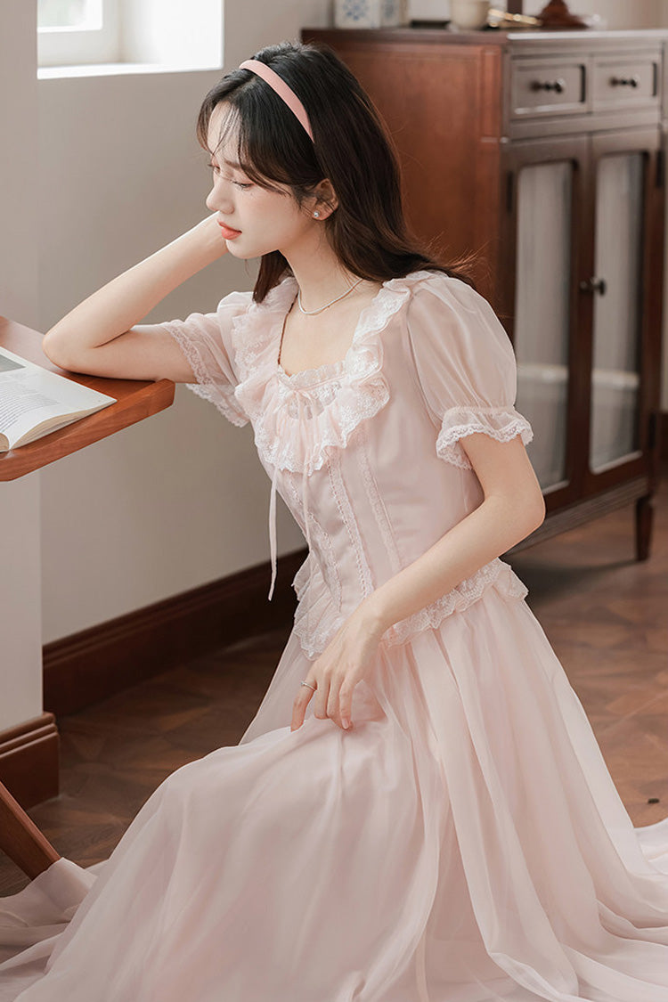 Blush Pink Square-Neck Puffed-Sleeve Embroidered Lace French Sweet Jumper Dress