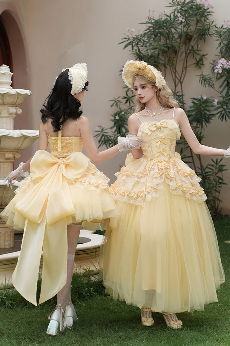 Yellow Off Shoulder Sweet Skirt with Lace and Bow - Sissi's Pilgrimage