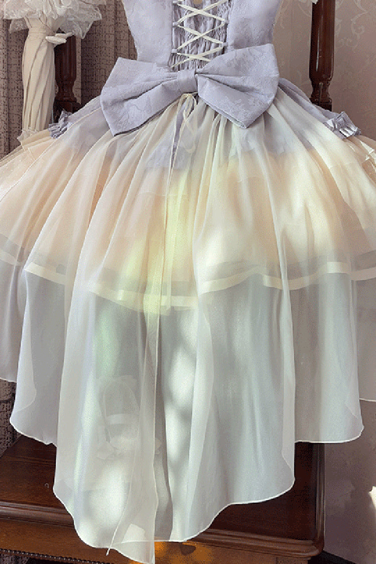 Triple-Layered Ballet Bow Lace-Up Sweet JSK Dress in Purple Ivory