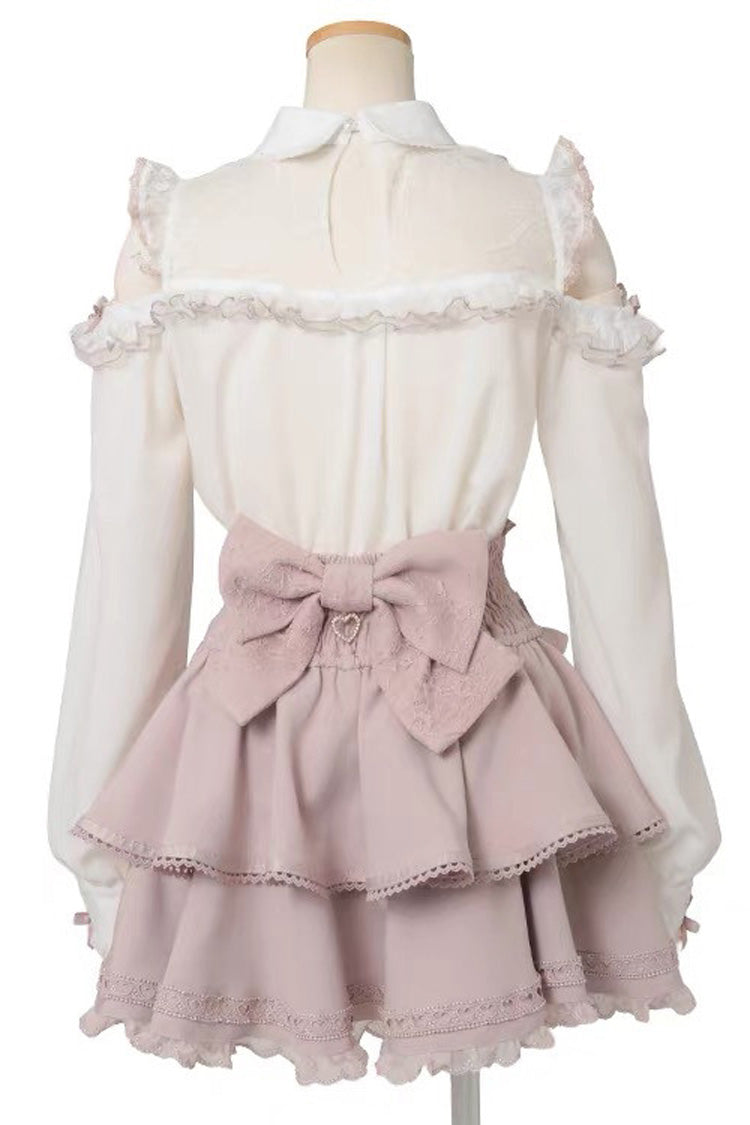 Lapel Off-Shoulder Bow Blouse - Spliced Lace