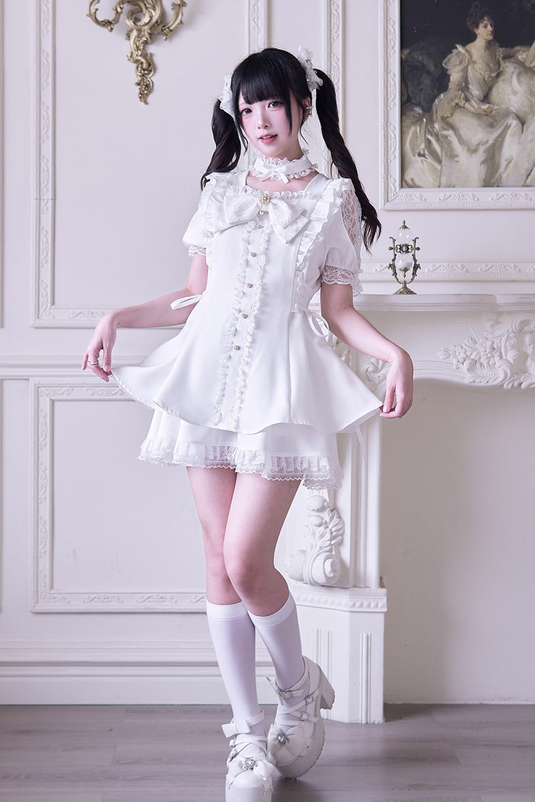 Ivory Ruffle Bowknot Jirai Kei Dress Set with Short Sleeves - Waltz