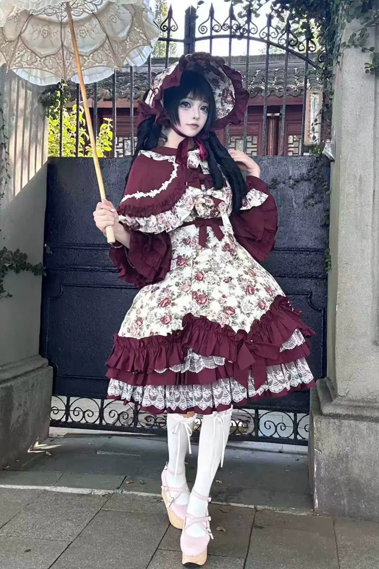 Burgundy Off-Shoulder JSK Dress with Ruffled Lace