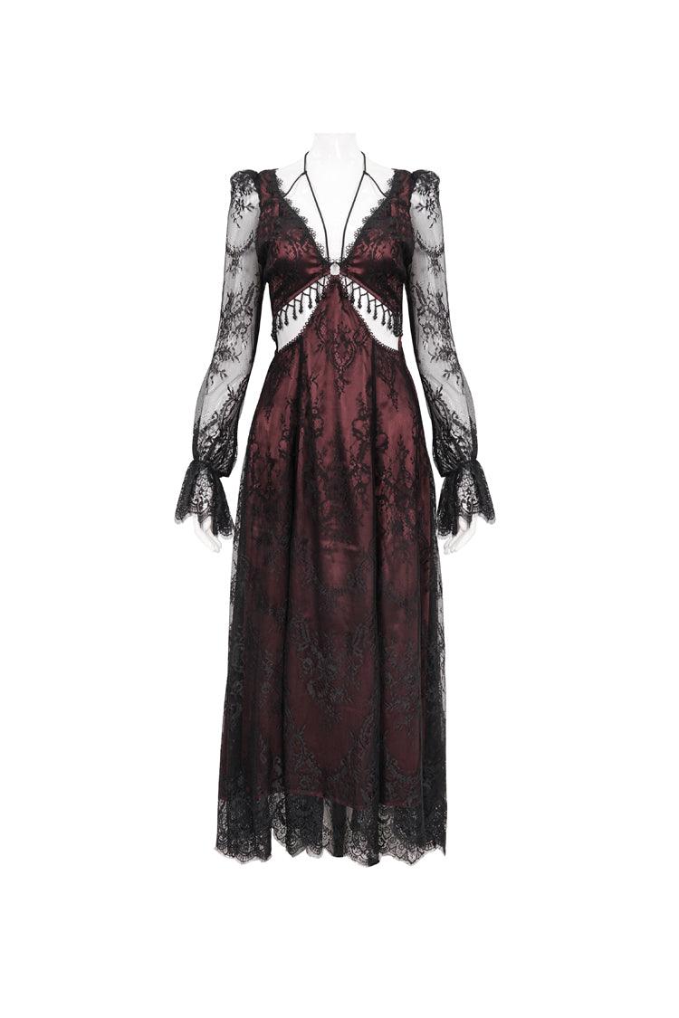 Crimson Lace-Trimmed Cutout Adjustable Waist Gothic Gown