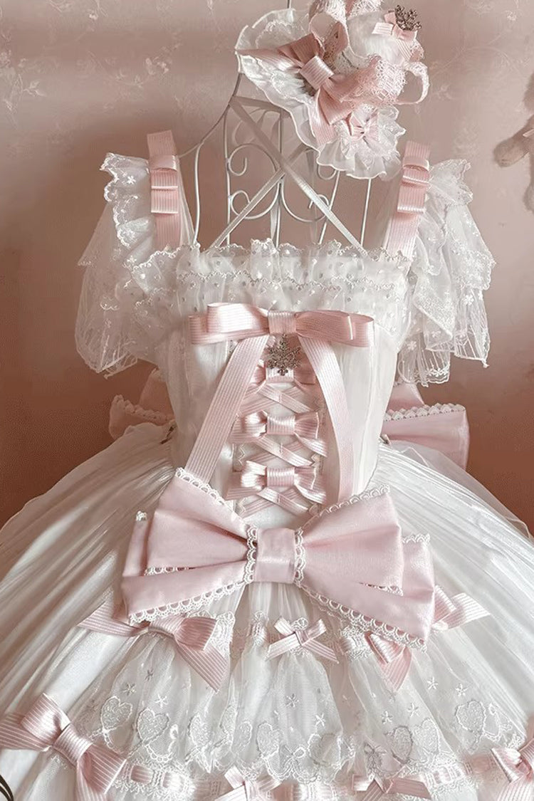 Ivory and Pink Snow of Love Ruffled Hanayome Open-Front Bow Lace Sweet Princess Lolita Dress