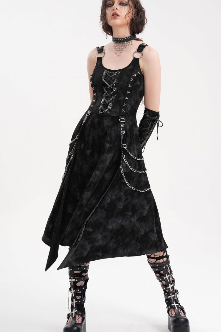Gothic Slip Dress with Lace-Up Rings and Chains Plus Gloves