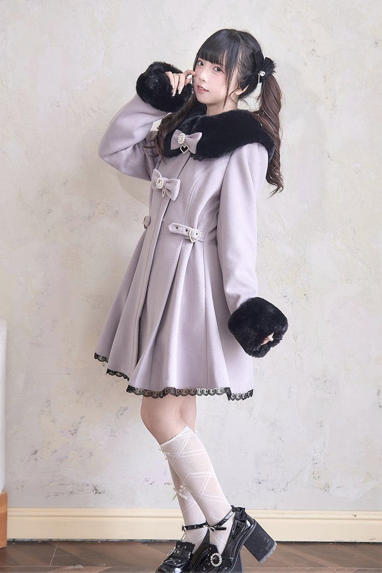 Plush Collar Waist-Cinched Long Sleeve Bow Lace Coat - Lolita Outerwear