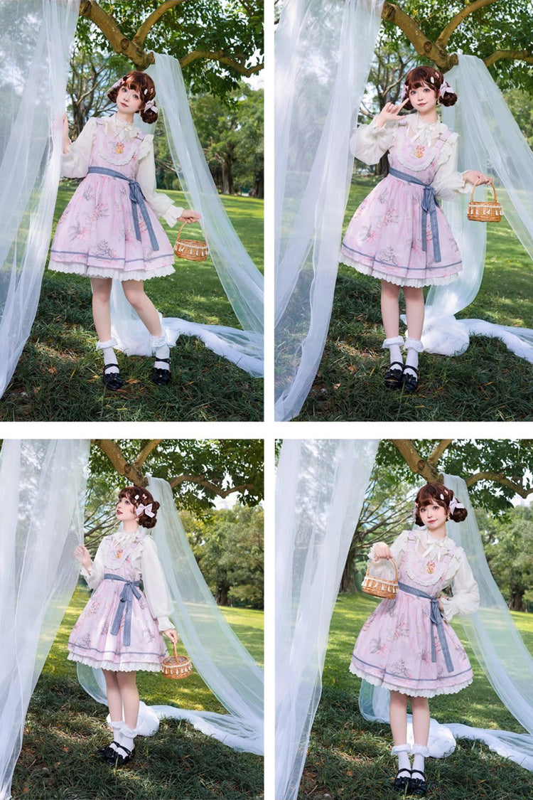 Sleeveless Print Ruffle Daily Sweet Lolita Strap Dress Pink
