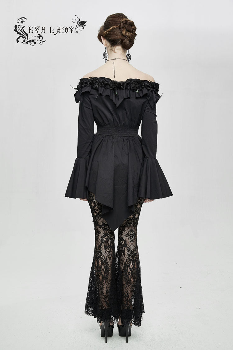 Ink Rose Flower-Decorated One-Word Collar Long-Sleeve Flare Cuff Gothic Blouse for Women