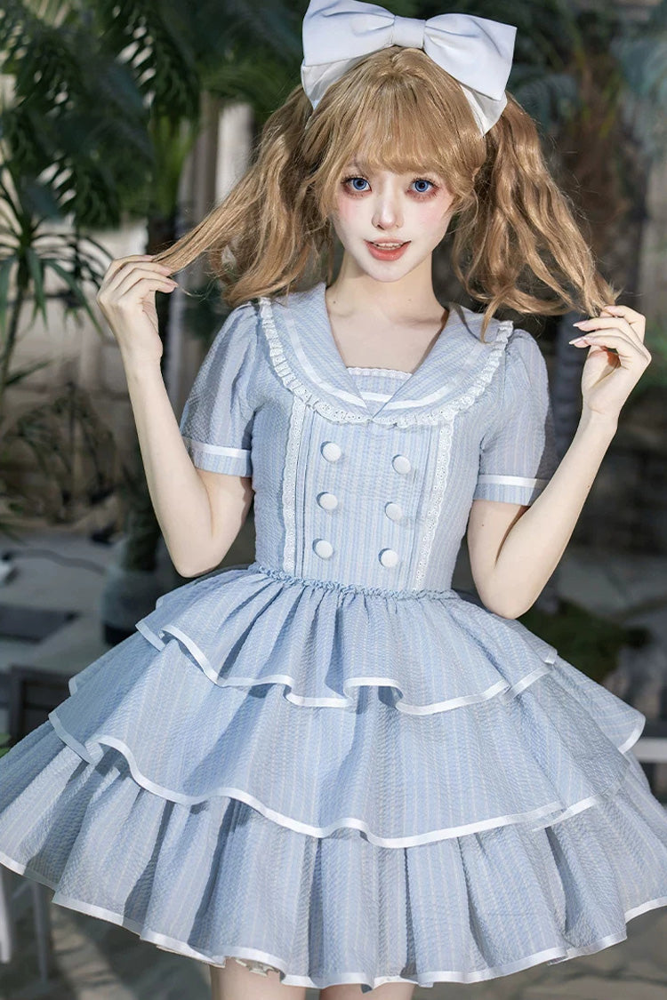 Sweet Lolita Dress with Printed Ruffled Bow and Navy Collar - Blue