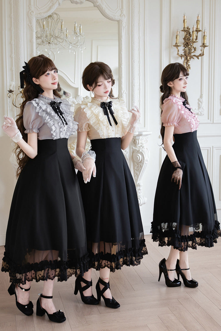 Miss Lola Snow Kiss Stand Collar Short Puff Sleeves Ruffled Color-Blocked Faux Two-Piece Sweet Lolita Long Dress 3 Colors - Black