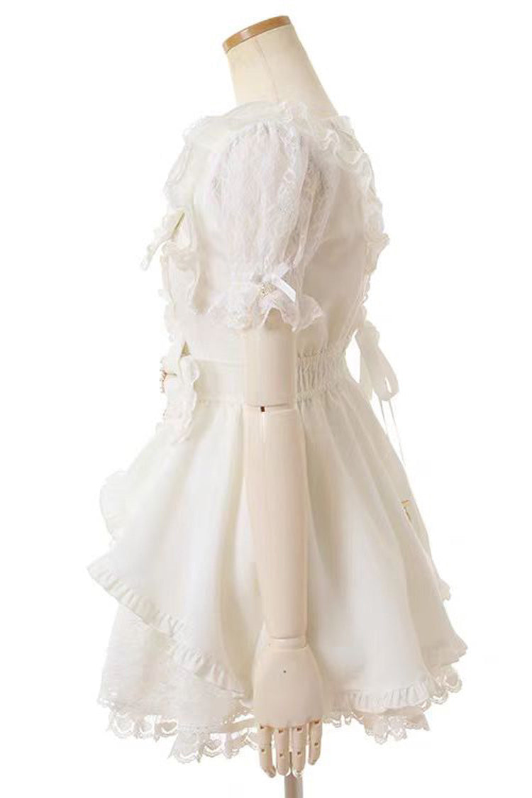 Cute Square-Neck Bow-Trimmed Short-Sleeve Lace Dress Set in Three Colors