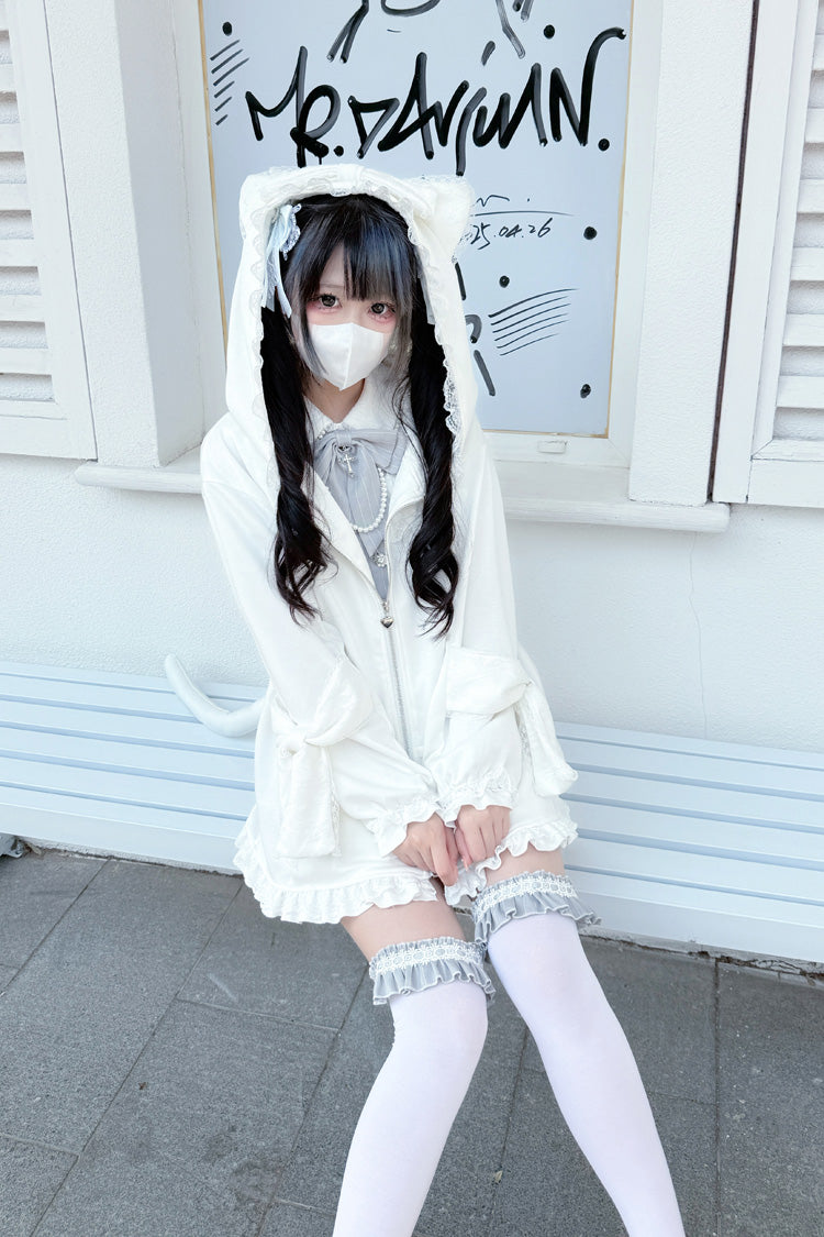 White Cat-Ear Hooded Frilly Bow Gothic Jirai Kei Coat
