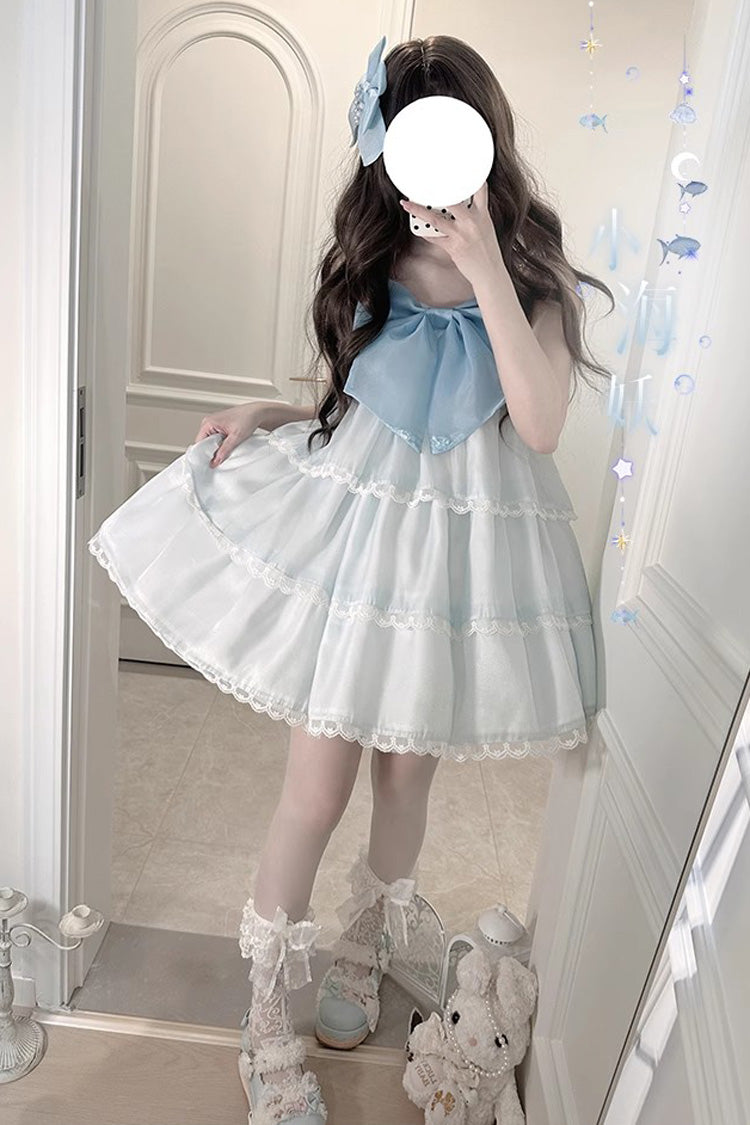 Pearl-Trimmed High-Waist Bow JSK Dress for Sweet Lolita - Multicolor