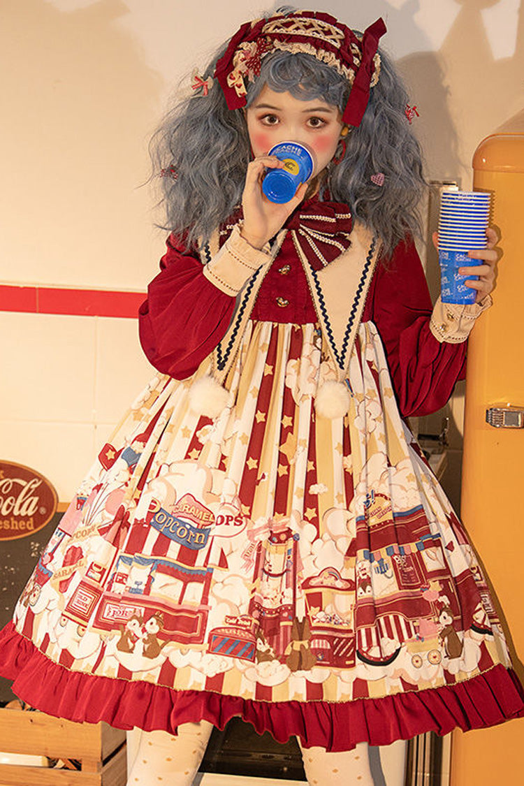 Crimson Lapel Bow Lantern Sleeve Popcorn Print Lolita OP Dress