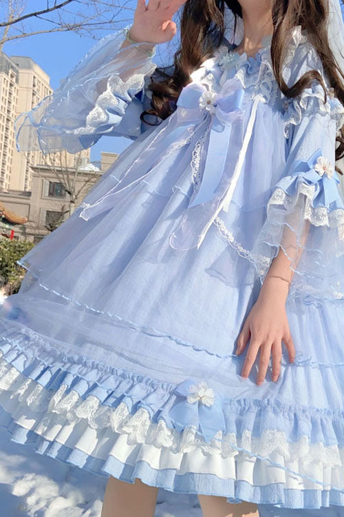 Azure Bow-Adorned Flared-Sleeve Ruffled Tiered Sweet Lolita Gown
