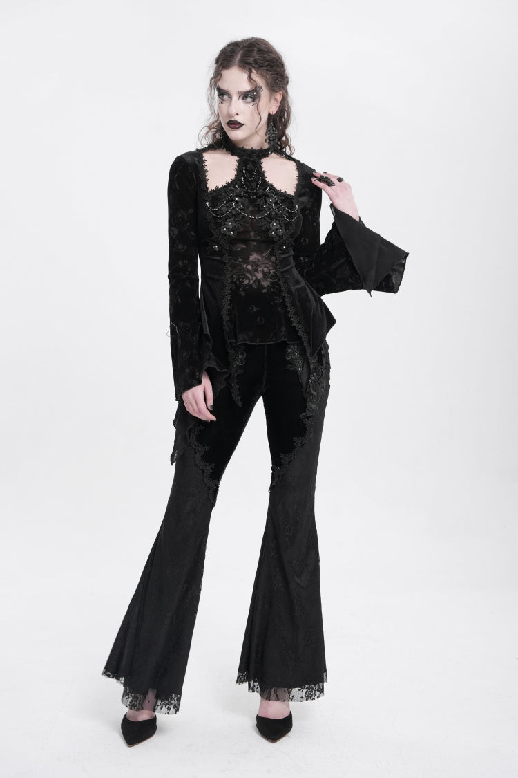 Graceful Black Jacquard Embroidered Trumpet Sleeve Halter Gothic Blouse