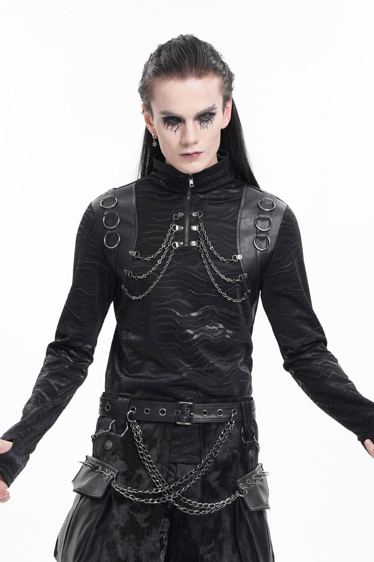 Stand Collar Long Sleeve Gothic Tee with Chain Rings for Men