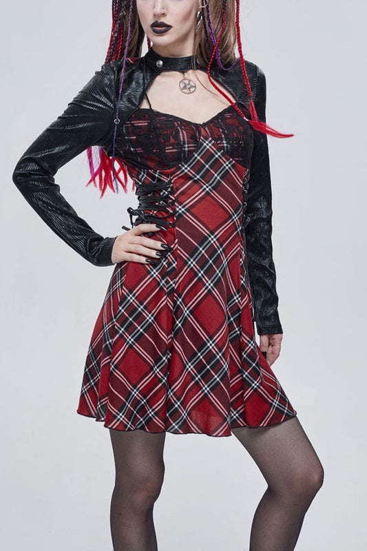 Red Plaid Knit Side Strap Pentagram Punk Dress