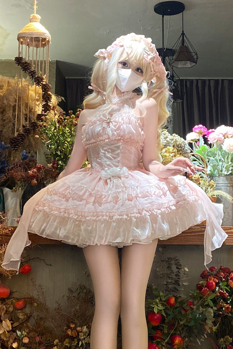 Pink Halter Triple Bow Lace Lolita Jumper Dress
