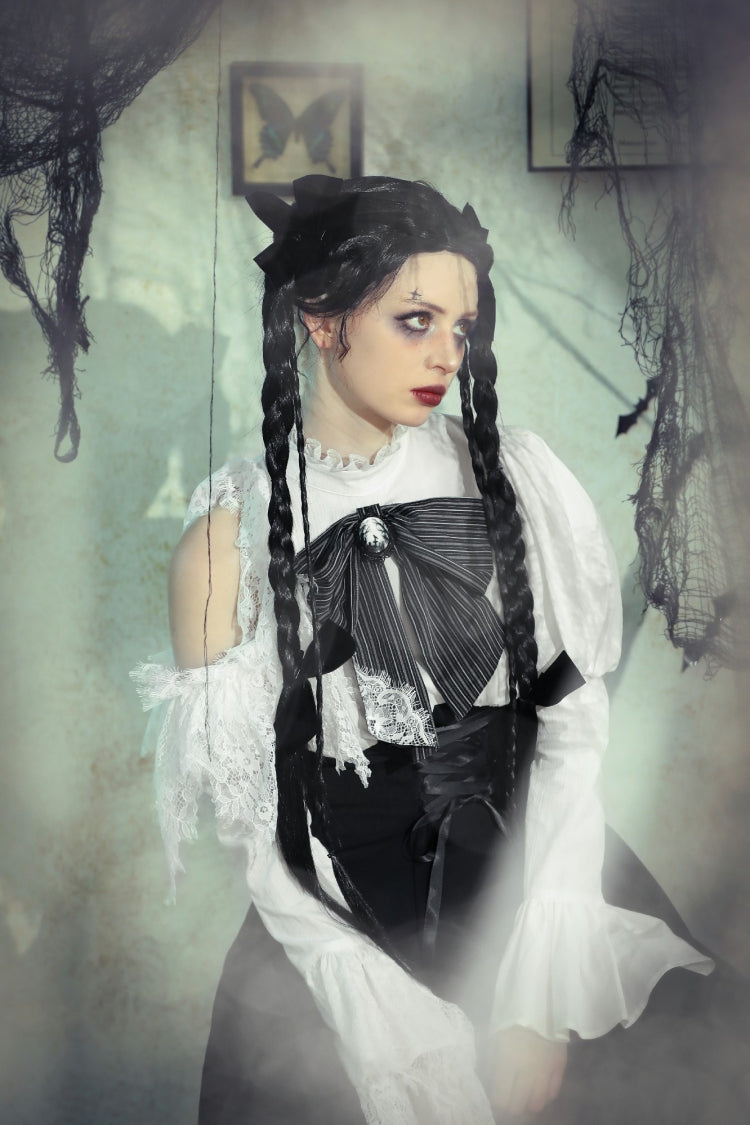 Lace High Collar Asymmetric Long Trumpet Puff Sleeves Bowknot Gothic Short Dress