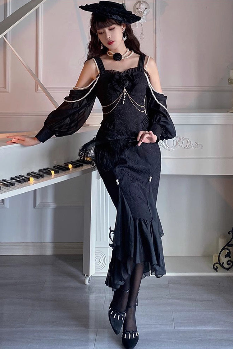 Sleeveless Jacquard Lace Fishtail JSK in Black